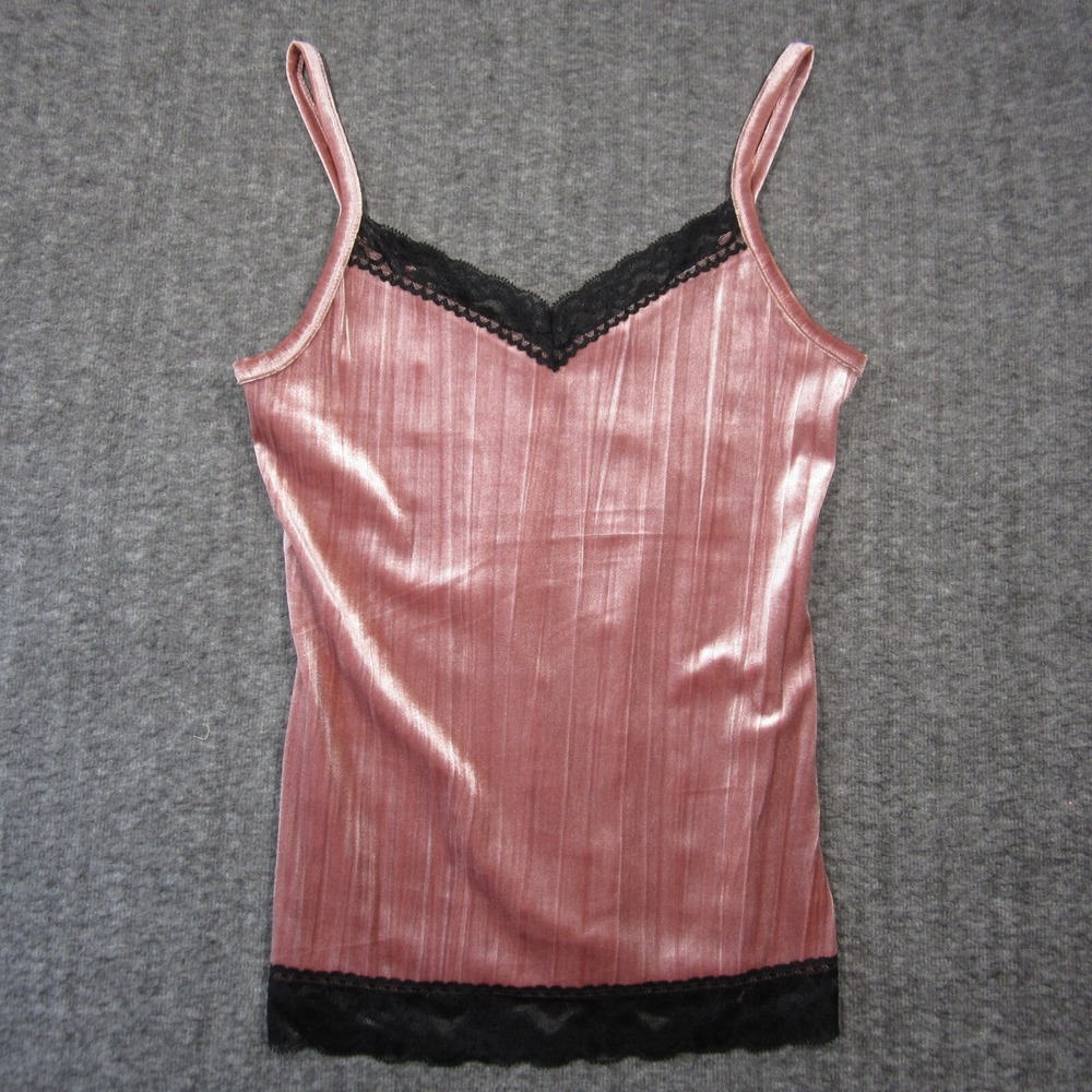 No Boundaries Velvet Lace Trim Tank Top Womens‎ M Pink Black Cami Coquette Y2k - Picture 2 of 7